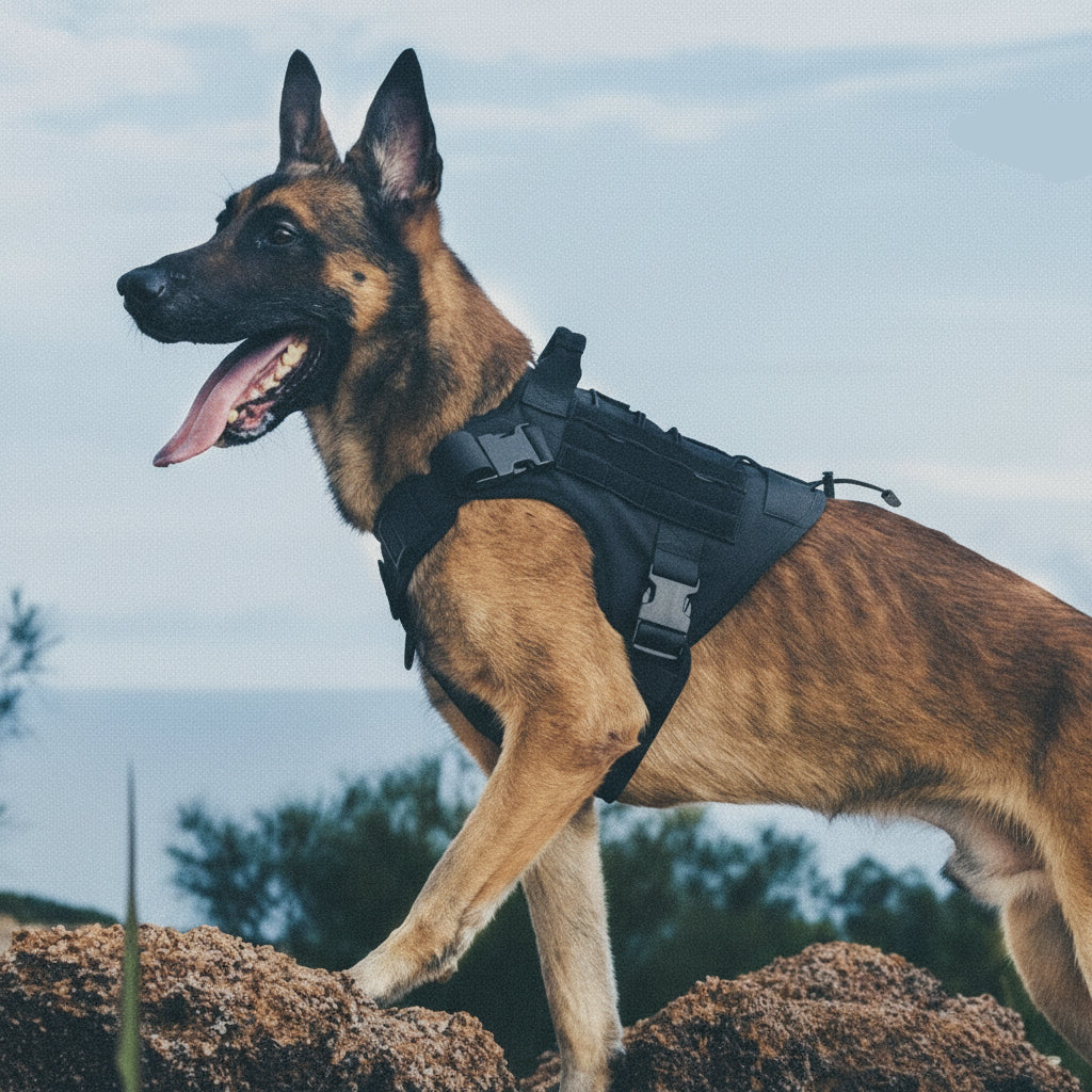 German Shepherd dog wearing black tactical harness standing on rocky terrain outdoors