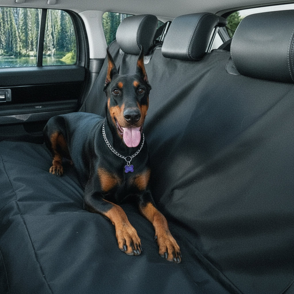 Doberman dog lying on black waterproof car seat cover with a nature view outside the window