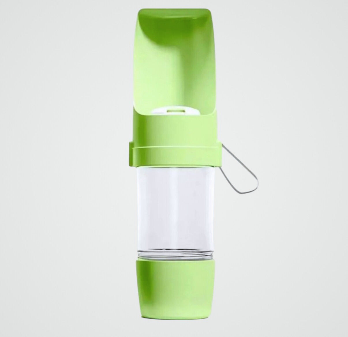 Green and transparent portable pet water bottle with flip-top drinking tray and carrying handle
