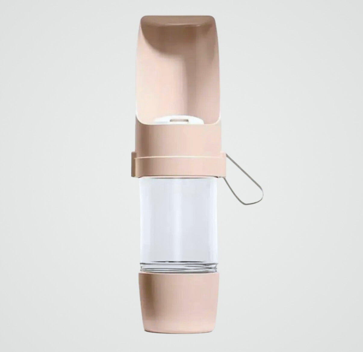Portable beige pet water bottle with attached drinking tray and clear water container