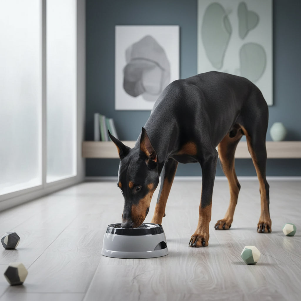 Doberman dog drinking water from a gray bowl in a modern living room with abstract wall art