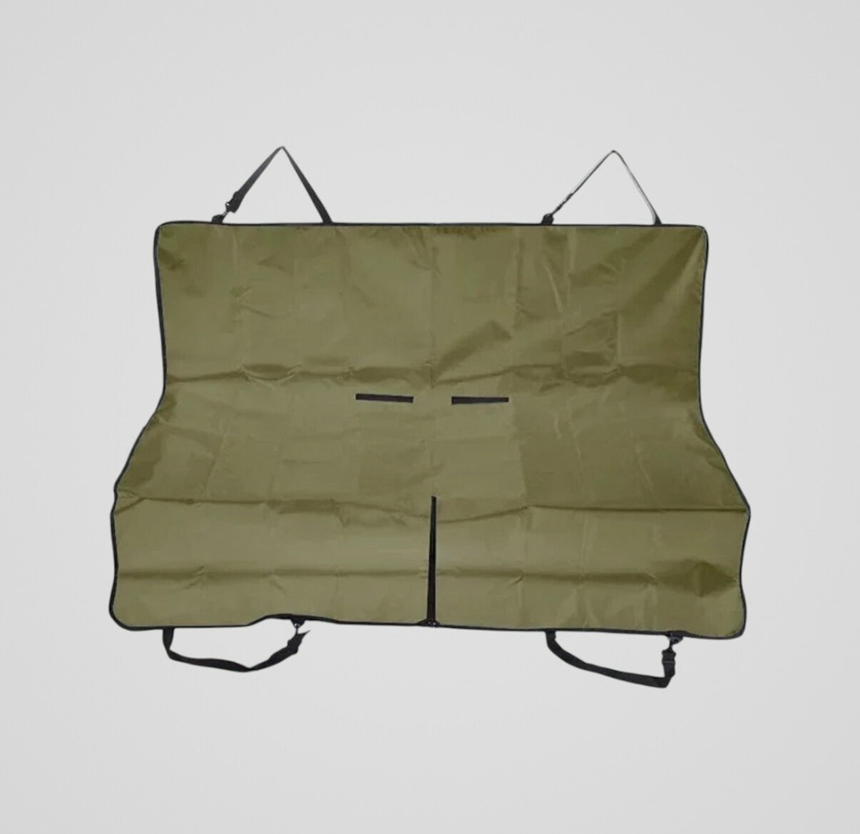 Olive green waterproof car seat cover with adjustable straps and black trim