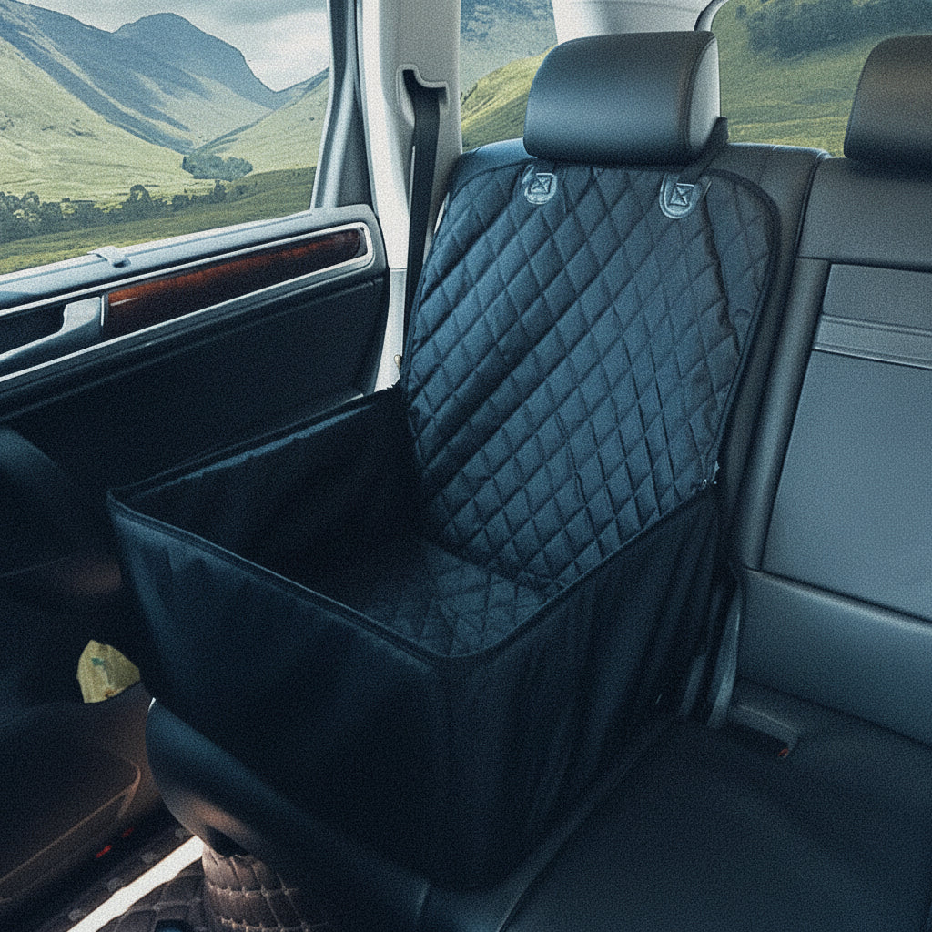 Black quilted pet booster seat installed on rear leather car seat with mountain scenery outside