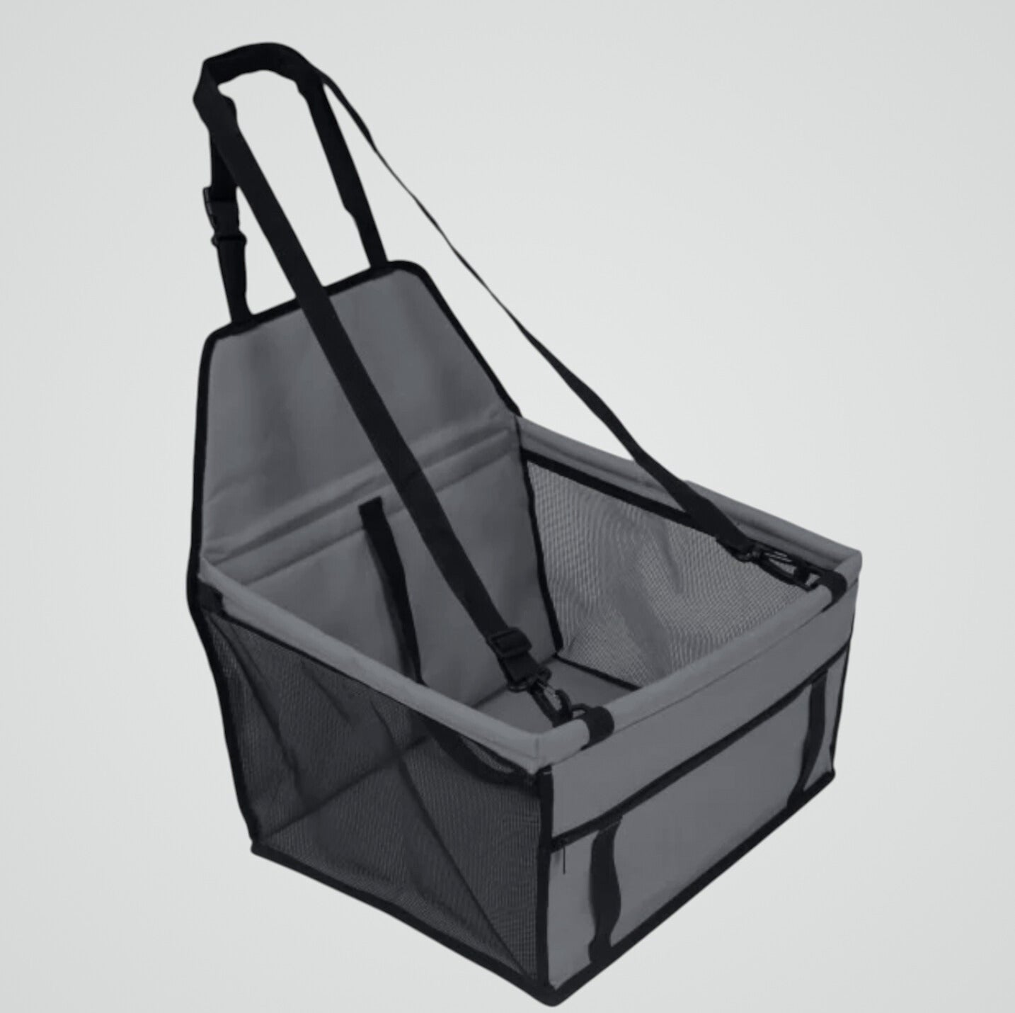 Gray and black pet car booster seat with safety straps and mesh sides