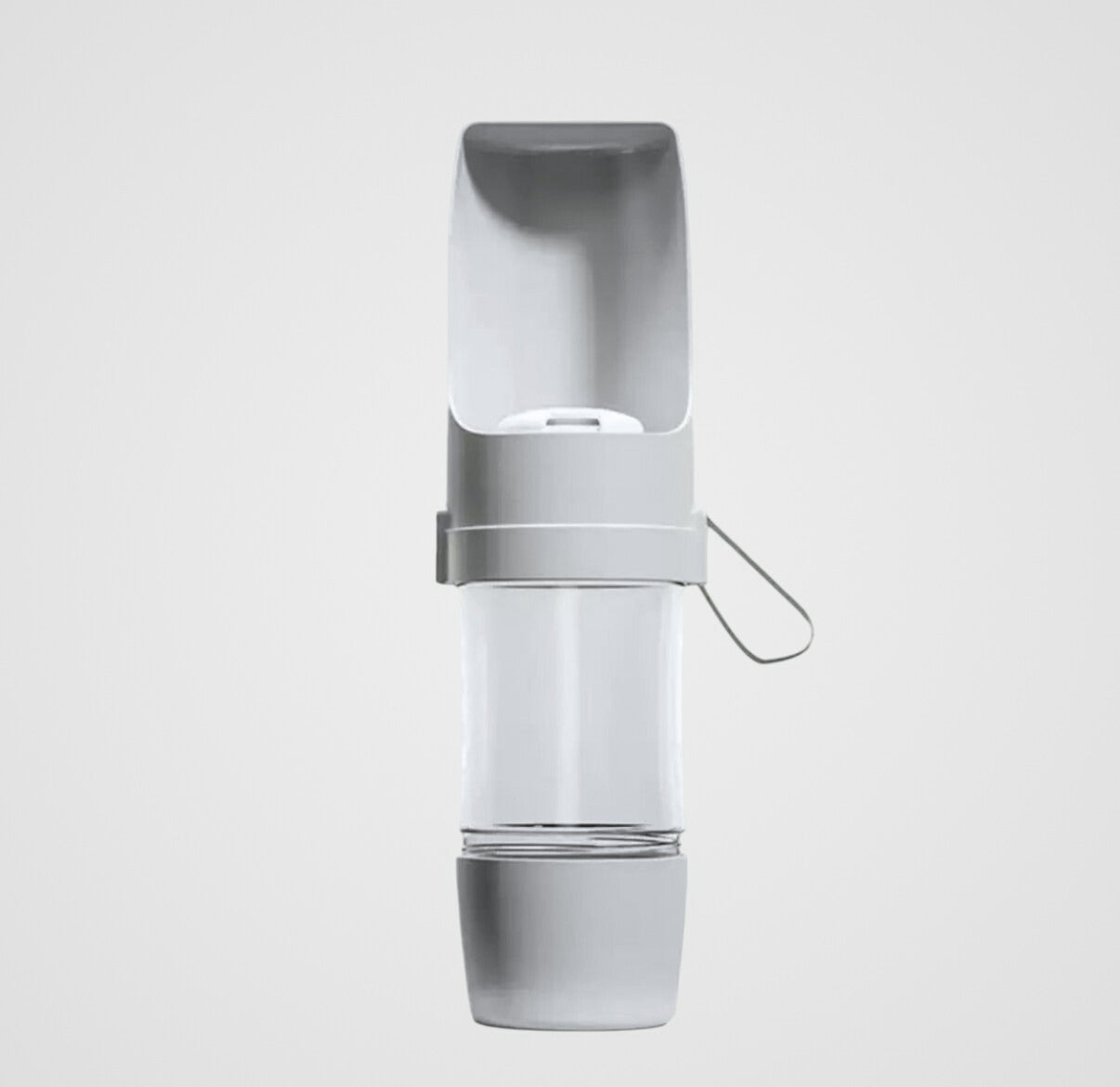 Portable gray and white pet water bottle with attached drinking bowl and silicone strap
