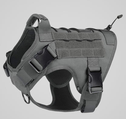 gray tactical dog harness with padded straps, buckles, and mesh inner lining