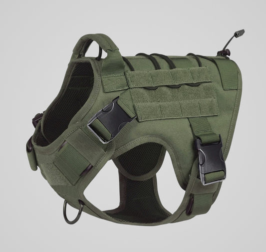 olive green tactical dog harness with adjustable straps and padded mesh lining